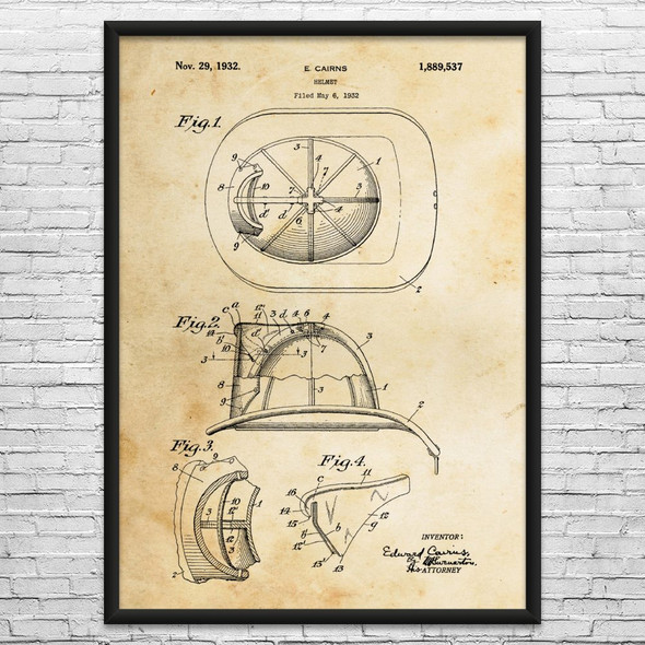 Fire Fighters Helmet Patent Wall Art