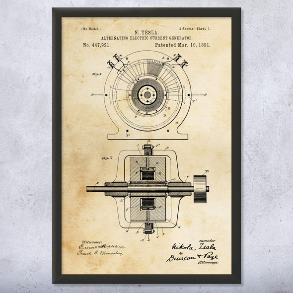 Nikola Tesla AC Current Generator Patent Wall Art