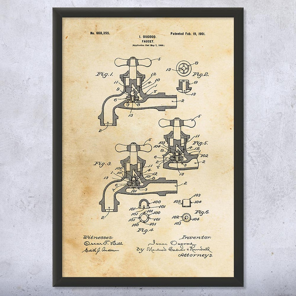 Water Faucet Patent Wall Art