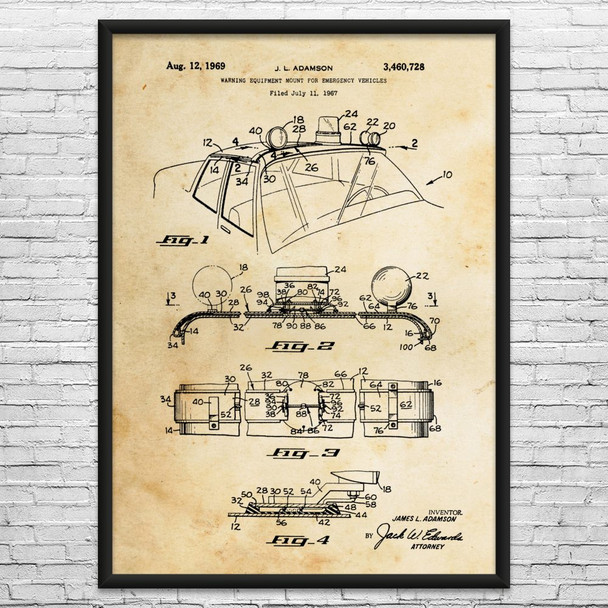 Police Lights Siren Patent Wall Art