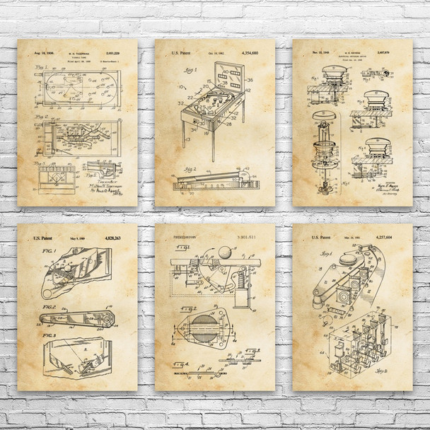 Pinball Patent Wall Art Set of 6 Pinball Patent Wall Art Set of 6
