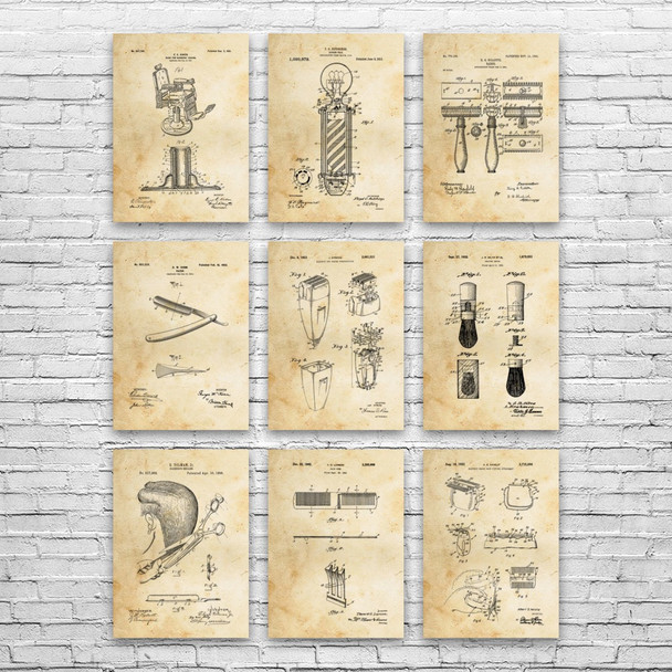 Barber Shop Patent Wall Art Set of 9
