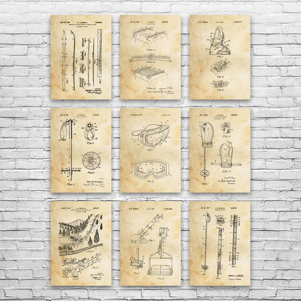 Skiing Patent Wall Art Set of 9 Skiing Patent Wall Art Set of 9