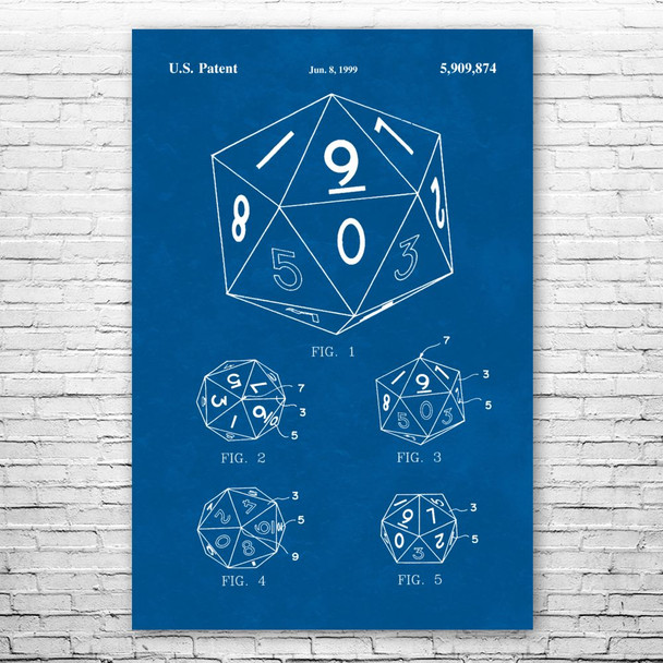 20 Sided Dice Patent Wall Art Poster (unframed) 9" x 12"