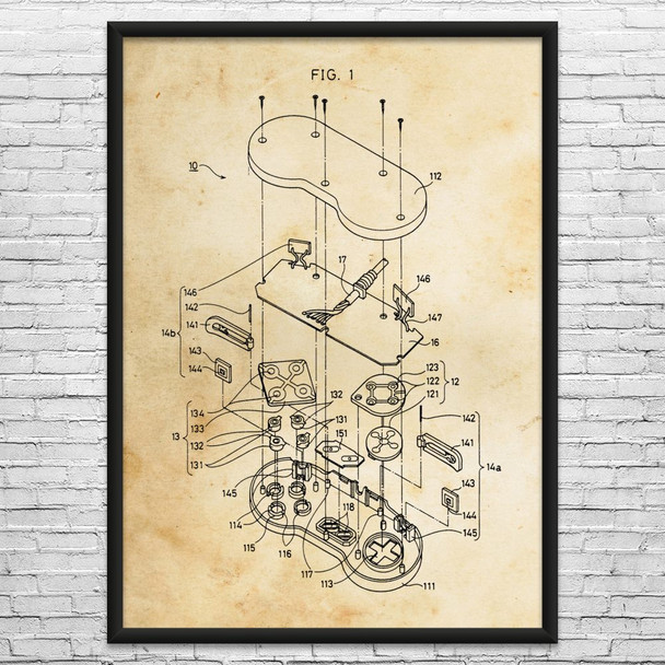 Super SNES Controller Exploded View Patent Wall Art