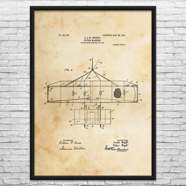 Wright Bros Airplane Top View Patent Wall Art