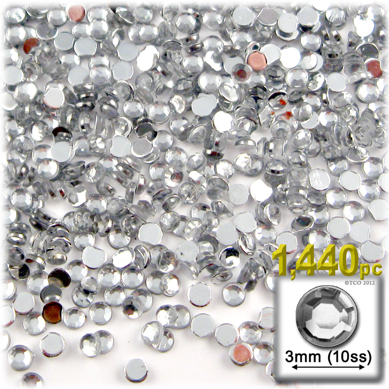 Acrylic Flatback Rhinestones, Faceted Round, 3mm, 1440-pc, Clear