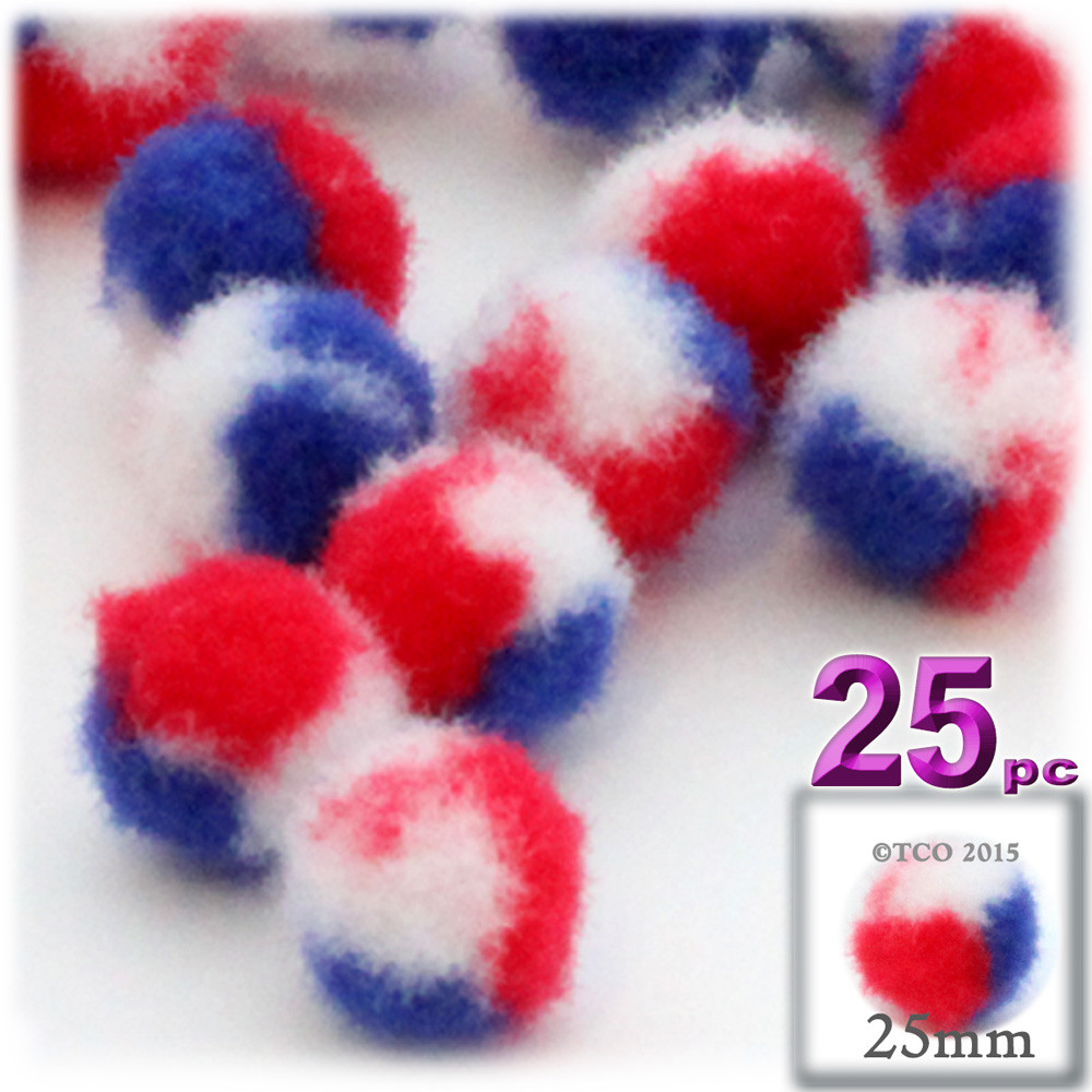Acrylic Pom Pom | 25mm | 25-pc | Tri-Color Red White and Blue