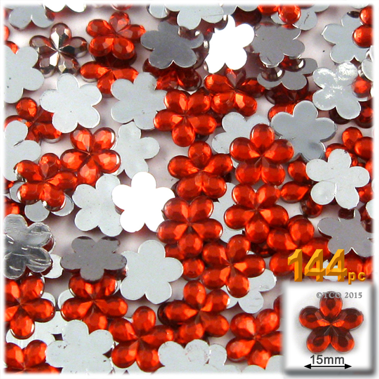 Rhinestones| Flatback| Flower| 15mm| 144-pc| Ruby Red