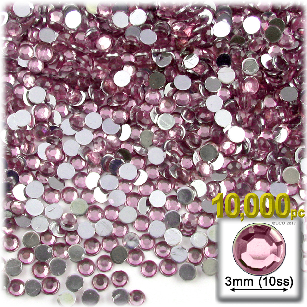 Flatback Rhinestones, Faceted Round, 3mm, 10000-pc, Light Pink