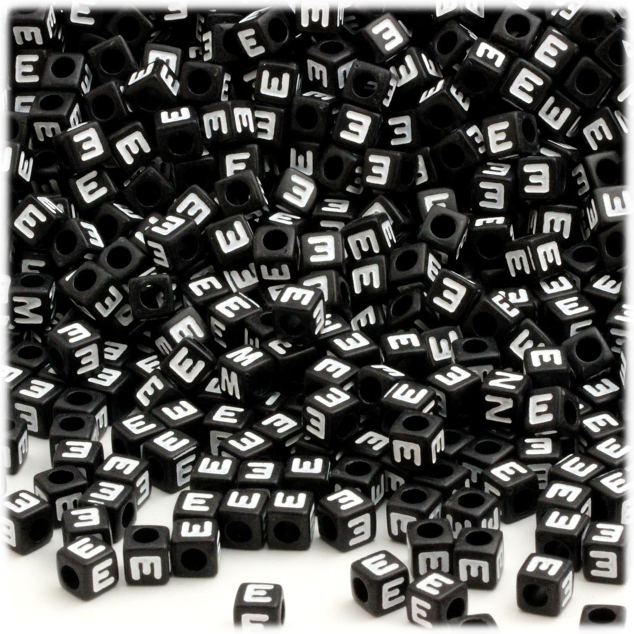 500Pcs White Round Letter Beads with E 7x4mm Vowel E, Black