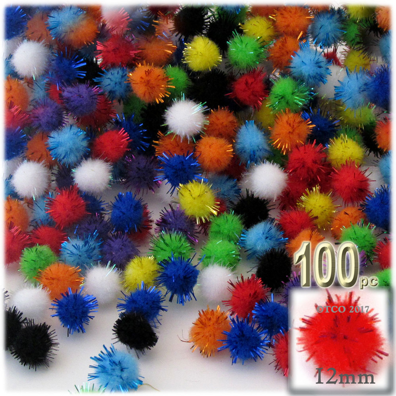 The Crafts Outlet Pom Poms, porcupine, 0.5-inch (12mm), 100-pc, Multi Mix