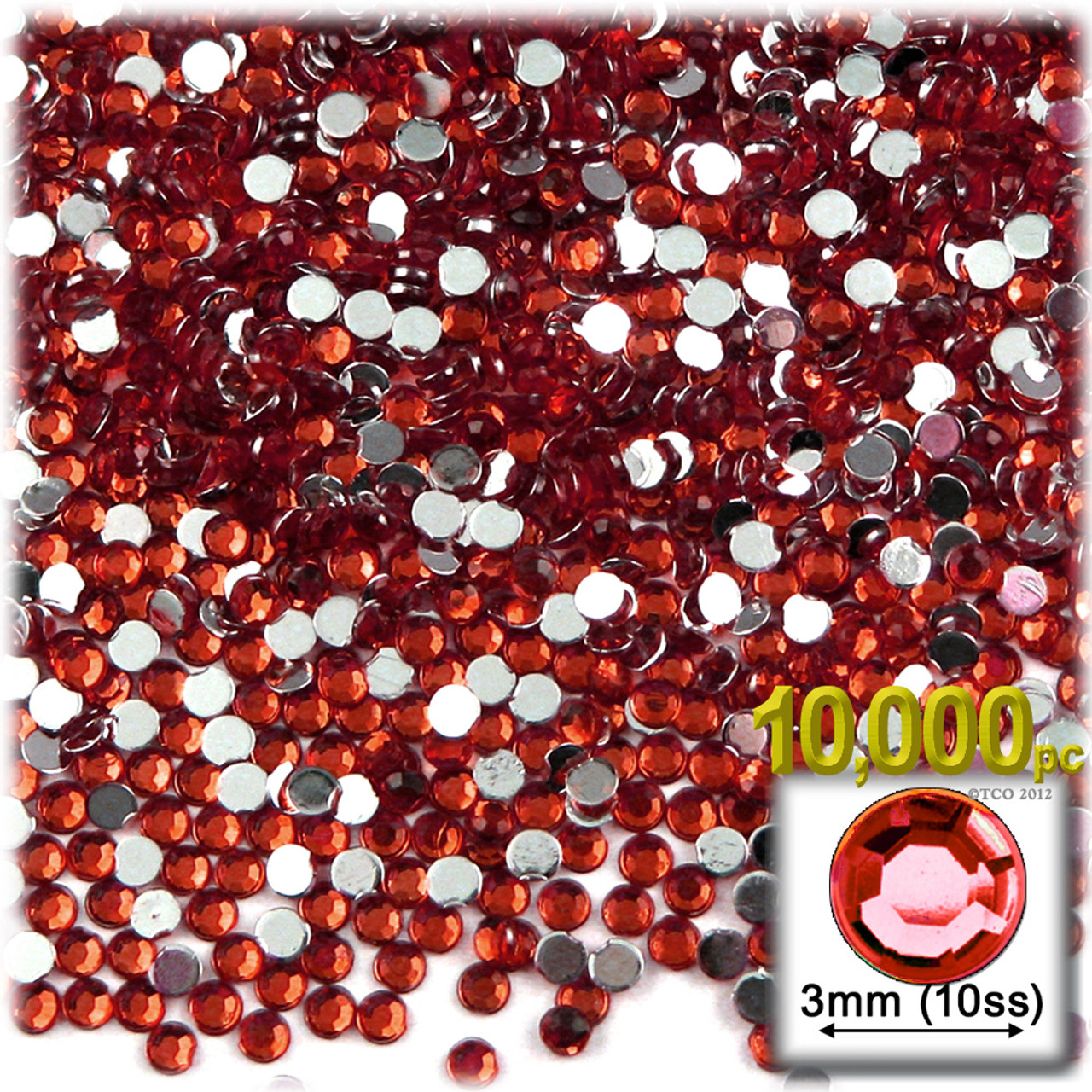 Flatback Rhinestones, Faceted Round, 3mm, 10000-pc, Ruby Red