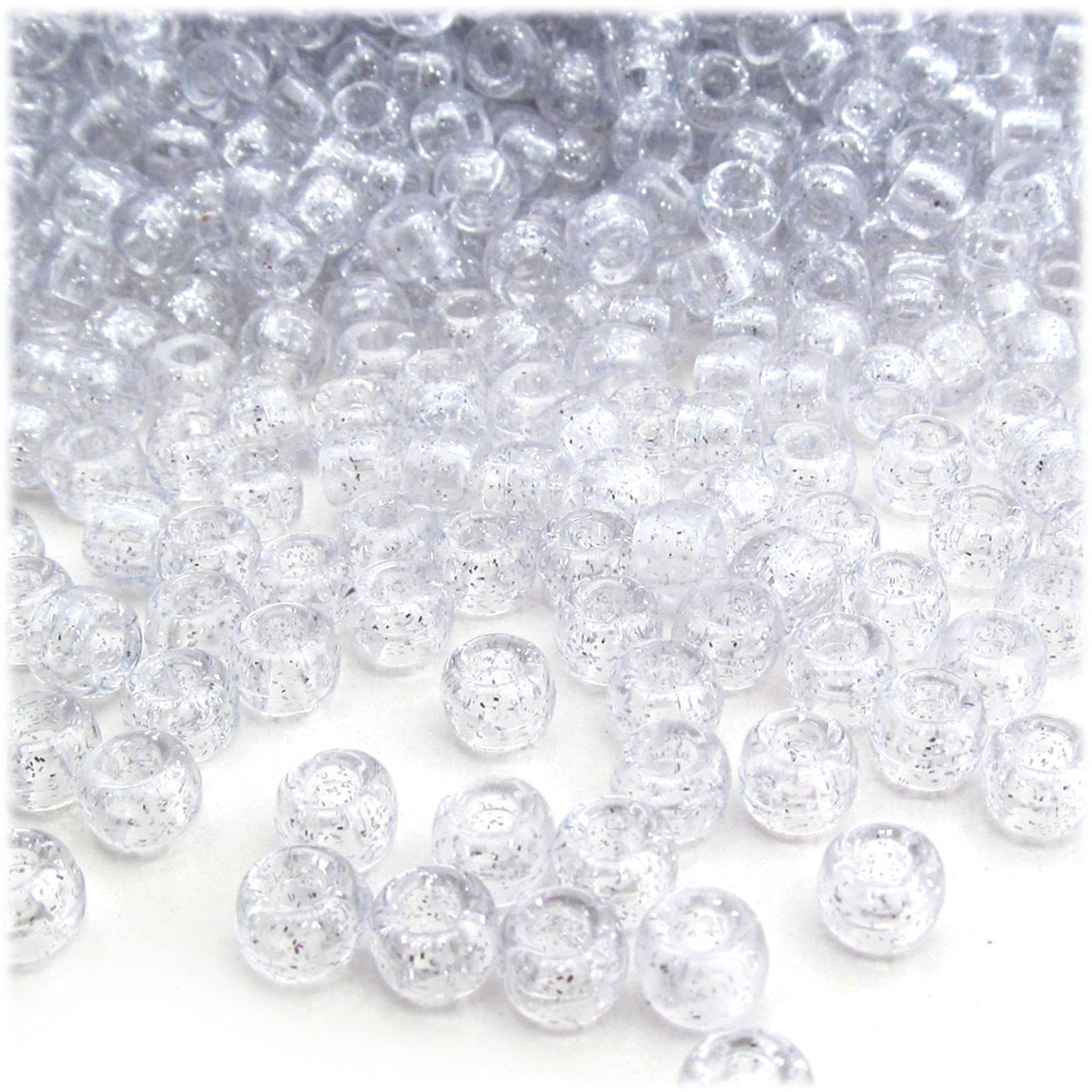 Pony Beads, Transparent, Glitter, 6x9mm, 1,000-pc, Silver glitter