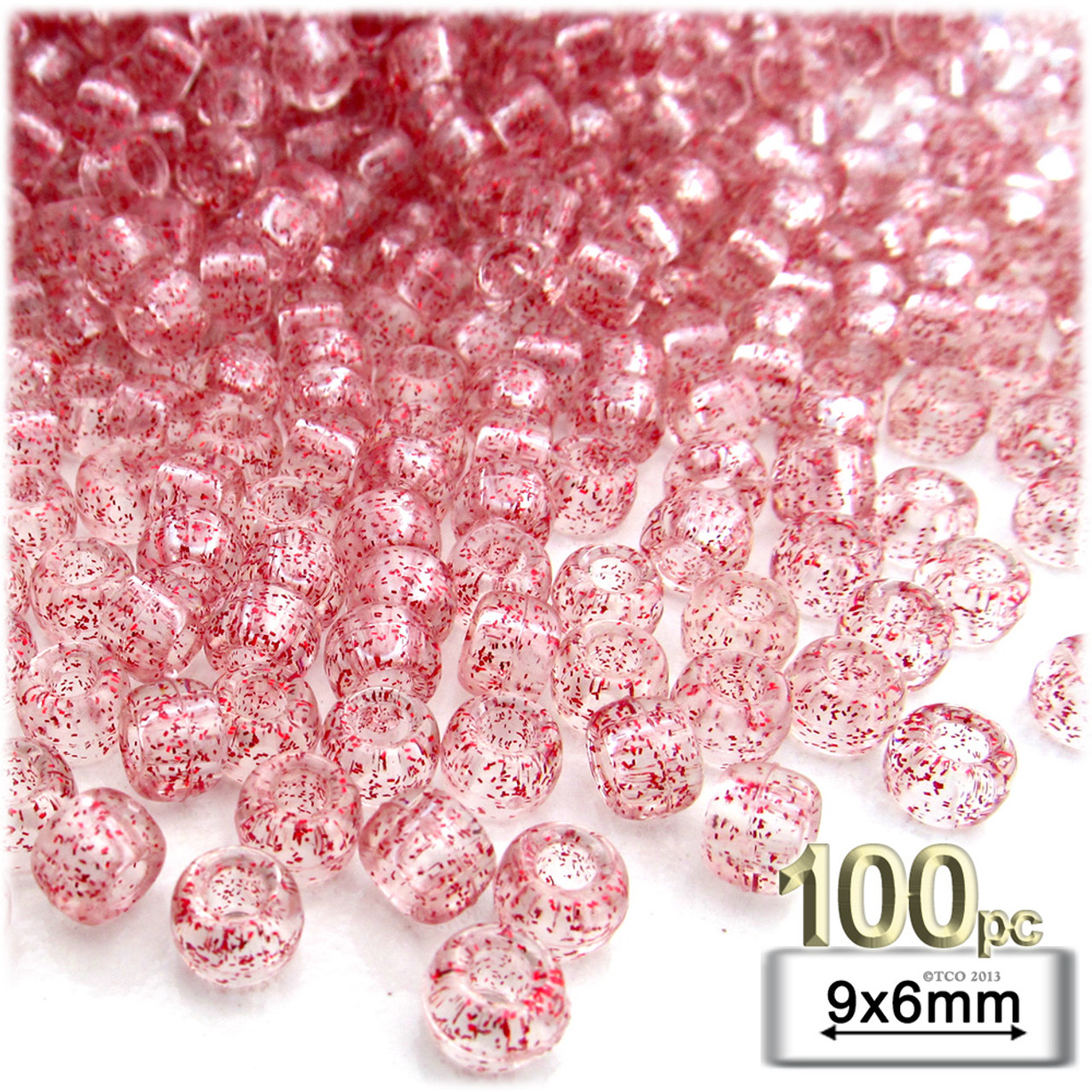 Pony Beads, Transparent, 9x6mm, 100-pc, Christmas Red