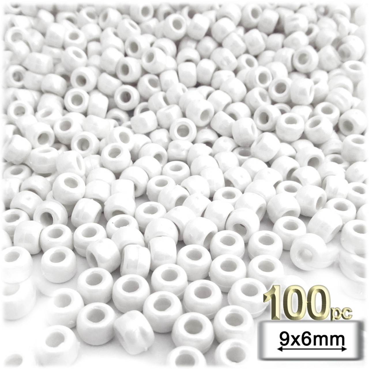 Pony Beads, Opaque, 6x9mm, 100-pc, White