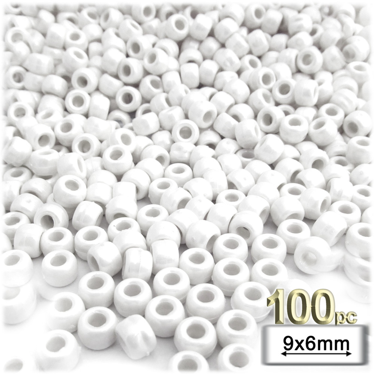 Pony Beads, Opaque, Pearl Finish, 9x6mm, 100-pc, White