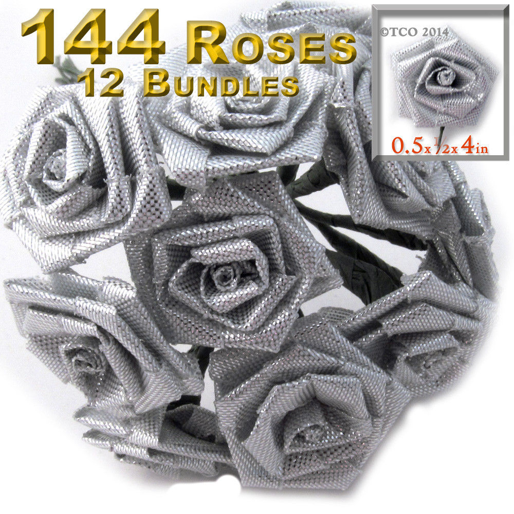 Artificial Flowers | Ribbon Roses, 0.50-inch | Silver Metallic | Crafts ...