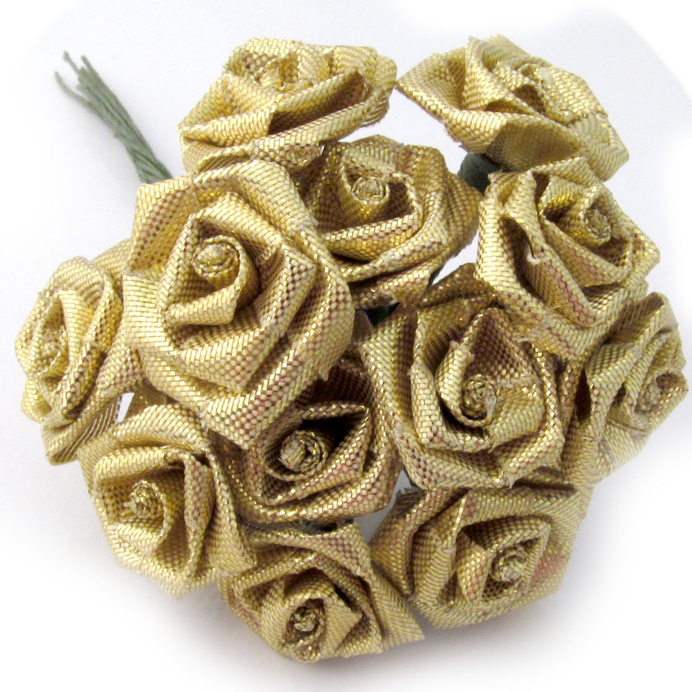 Artificial Flowers | Ribbon Roses | 0.25-inch | 12 Bundles | Gold ...