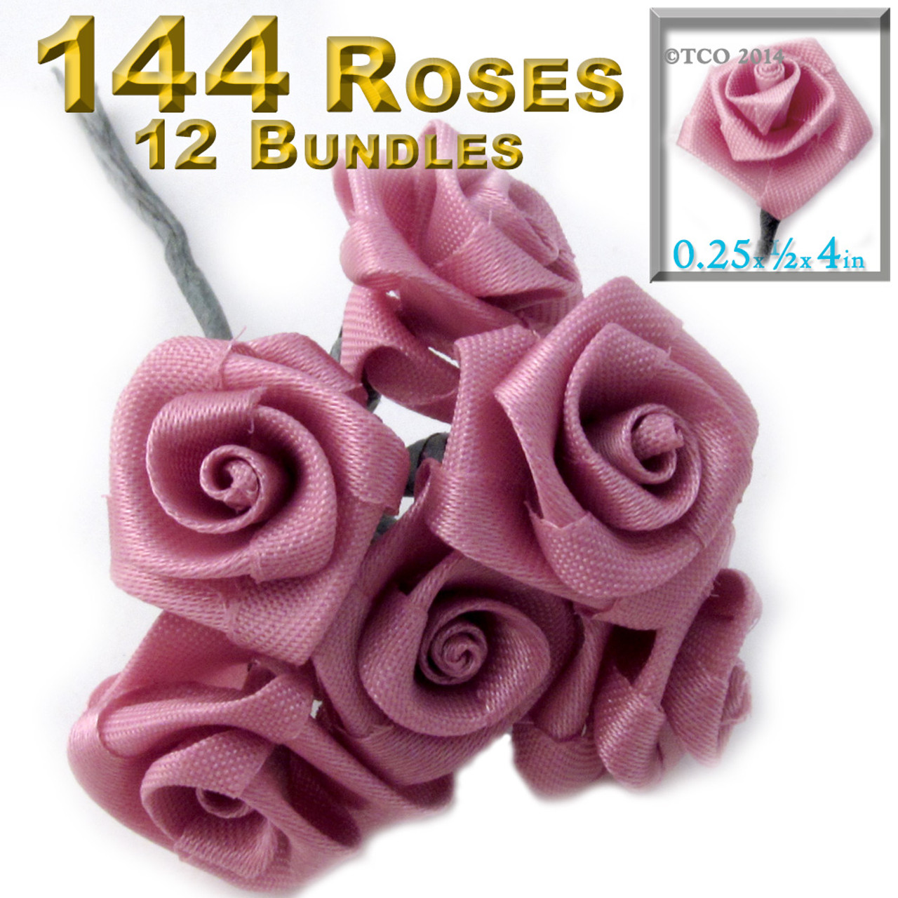 Artificial Flowers, Ribbon Roses, 0.25-inch, 12 Bundles, Rustic Pink