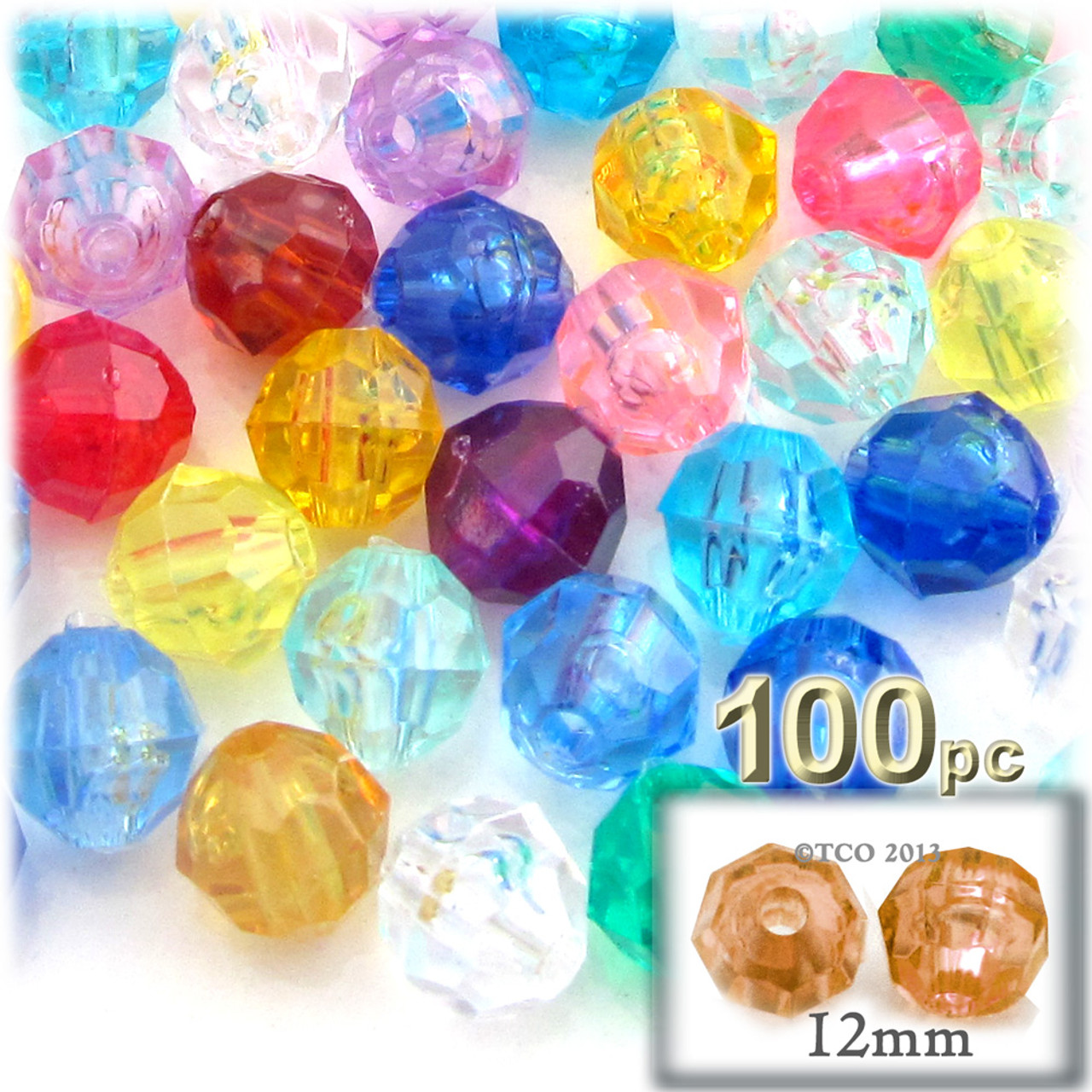 Plastic Faceted Beads, Round Transparent, 12mm, 100-pc, Multi Mix