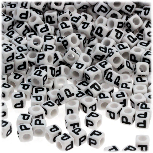 1,000-pc Alphabet Beads, Cube 7mm, Black text, Letter P