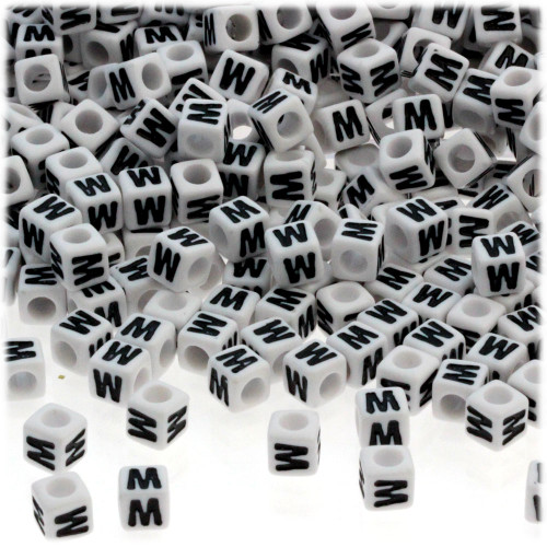 1,000-pc Alphabet Beads, Cube 7mm, Black text, Letter W
