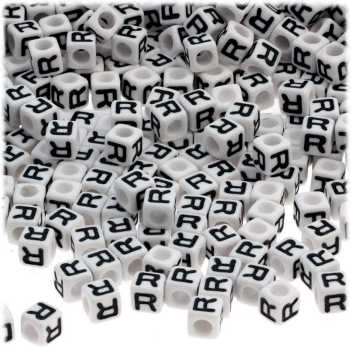 100-pc Alphabet Beads, Cube 7mm, Black text, Letter R