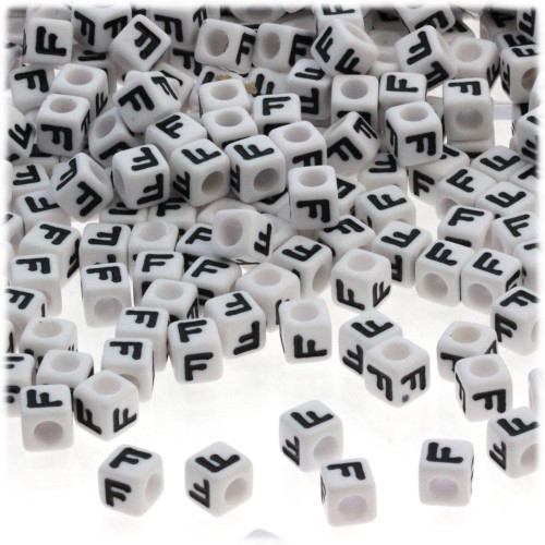 25-pc Alphabet Beads, Cube 7mm, Black text, Letter F