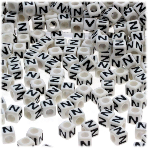 25-pc Alphabet Beads, Cube 7mm, Black text, Letter N