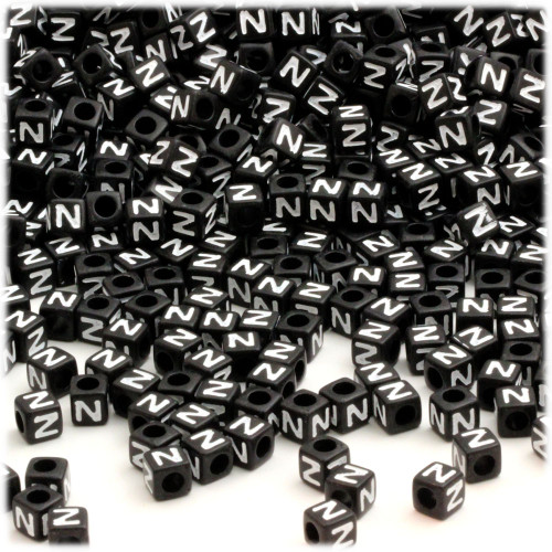 25-pc Alphabet Beads, Cube 7mm, White text, Letter N