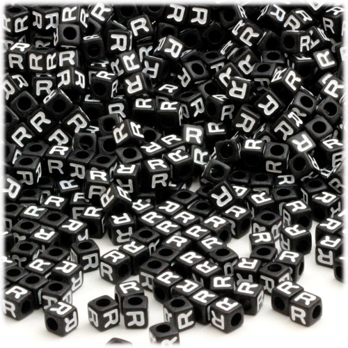 25-pc Alphabet Beads, Cube 7mm, White text, Letter R