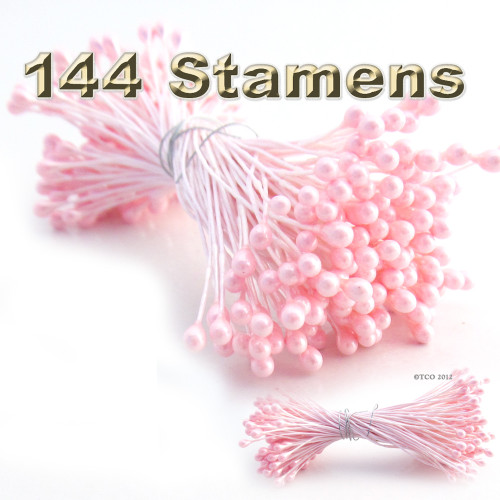 Pearl Stamen, Vintage, 3mm, 144-pc, White Stem, Satin Pink head