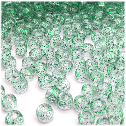 Pony Beads, Transparent, Glitter, 6x9mm, 100-pc, green glitter