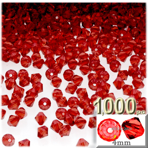 Plastic Bicone Beads, Transparent, 4mm, 1,000-pc, Ruby Red