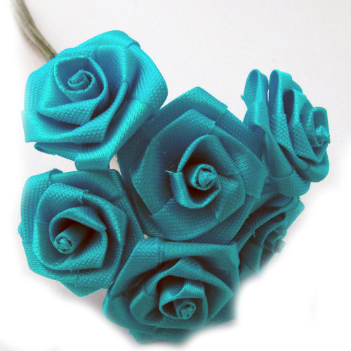 Artificial Flowers, Ribbon Roses, 0.75-inch, Turquoise Blue