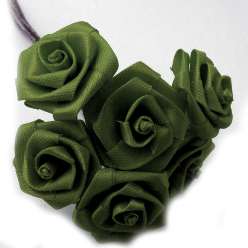 Artificial Flowers, Ribbon Roses, 0.50-inch, Olive Green, 12 bundles