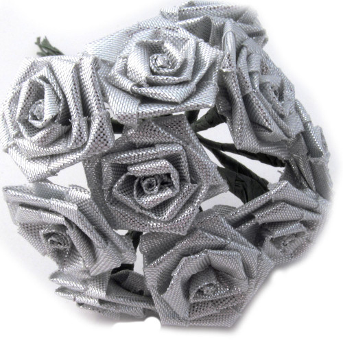 Artificial Flowers, Ribbon Roses, 0.25-inch, Silver Metallic