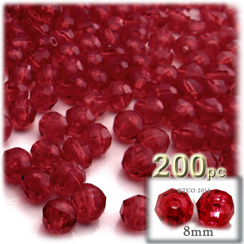 Plastic Faceted Beads, Transparent, 8mm, 200-pc, Raspberry Red