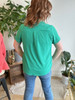 Picture of woman wearing turquoise short sleeve blouse