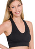 Picture of woman wearing a ribbed cropped racerback tank with built-in bra
