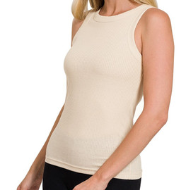 Picture of woman wearing a beige fitted ribbed scoop neck tank top