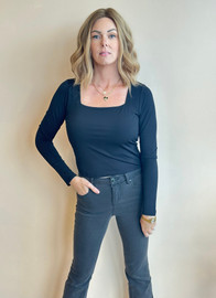 picture of a woman wearing a fitted square neck t-shirt