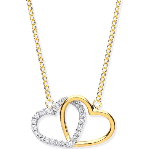 16" - 18" 9ct Gold Double Heart Cubic Zirconia Necklace 2.6g