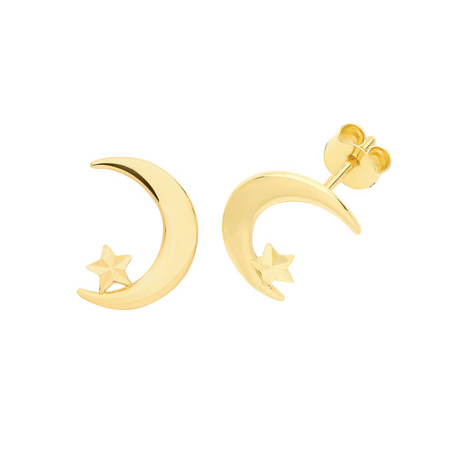 9ct Gold star and moon stud earrings