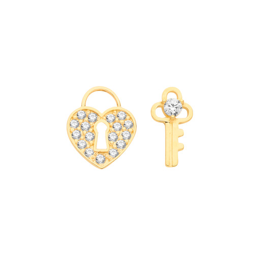 9ct Gold Cubic Zirconia Love key and heart padlock stud earrings