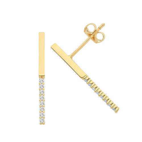 9ct Gold Cubic Zirconia set long bar stud earrings