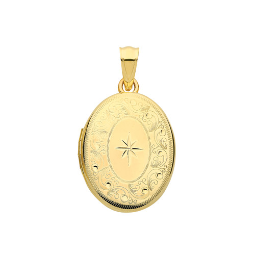 9ct gold oval shaped star and floral pattern engraved locket