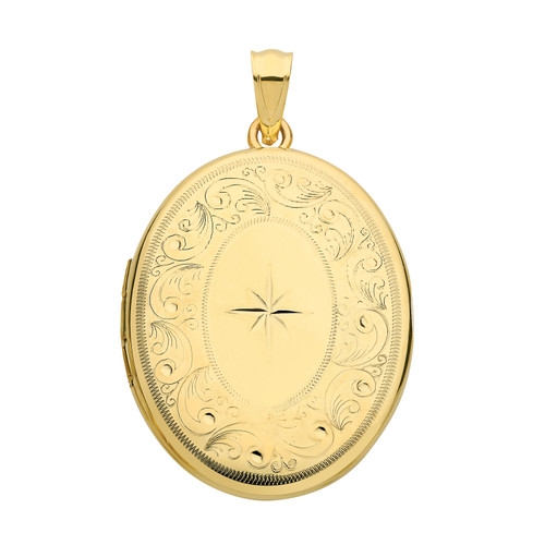 Large 9ct gold oval shaped star and floral pattern engraved locket