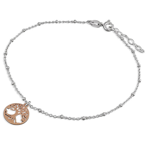10" Sterling silver Beaded anklet with rose gold plated tree of life charm 1.9g